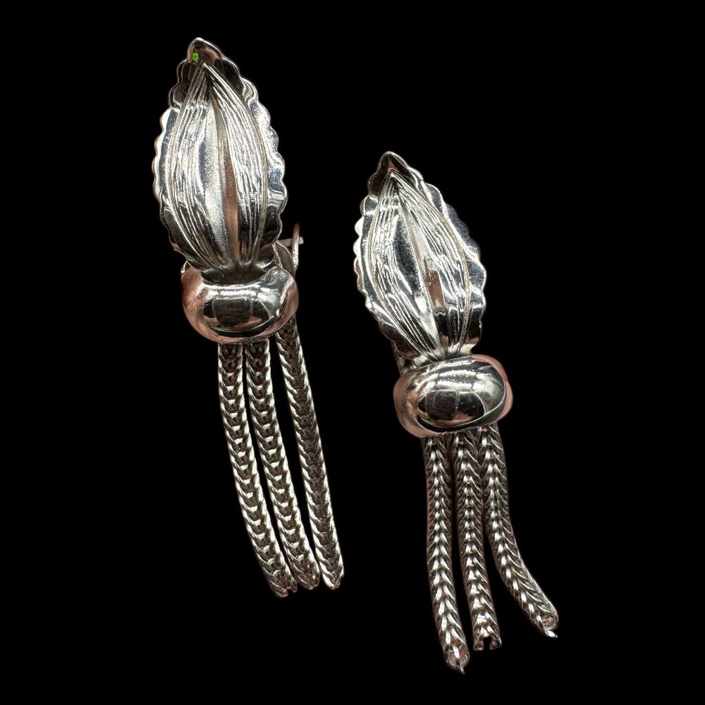 Silver Tone Clip on Earrings Leaf Chain Dangling